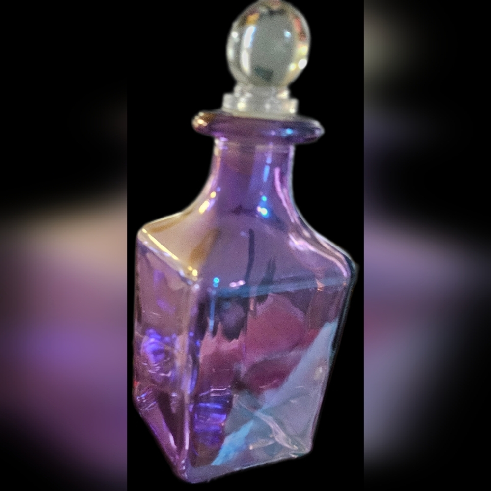 NWT FANCY HOLOGRAPHIC PURPLE SQUARED GLASS JAR DECOR WITH GLASS BALL STOPPER LID